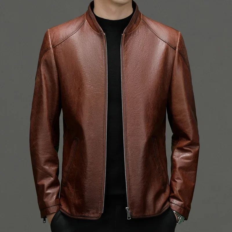 Autumn and Winter New Men's Business Slimming Trend Italian Style Fashion Solid Color Casual Dermis Leather Jacket Cowhide Coat