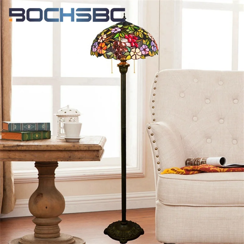 

BOCHSBC Tiffany glass 16 inch retro style floor lamp art decoration living room dining room bedroom bed grape flower tripod lamp