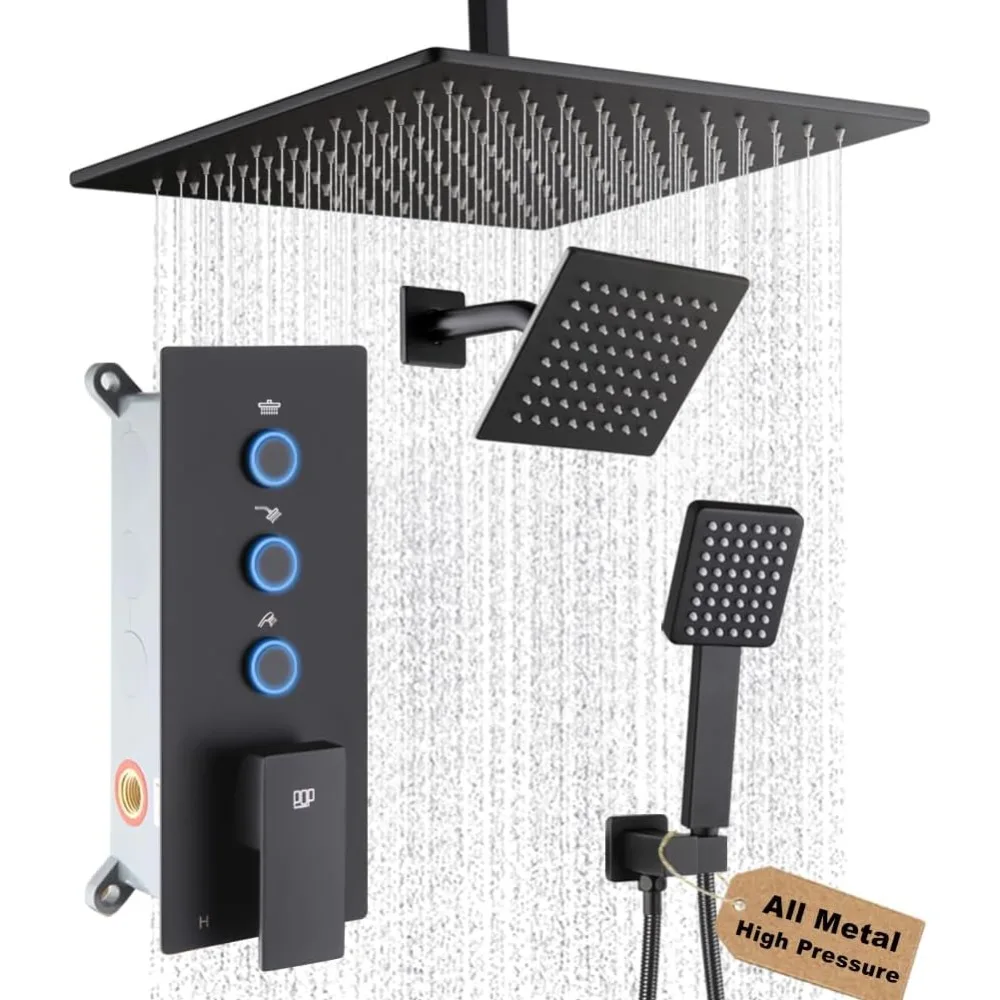 

Матово-черная душевая система с 12-дюймовой потолочной насадкой для душа и 6-дюймовым настенным смесителем