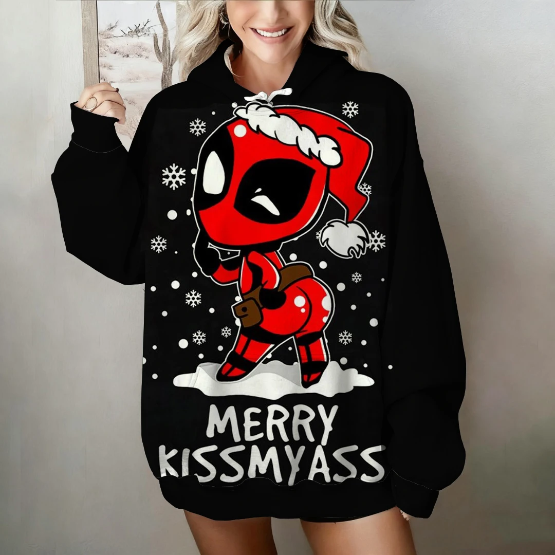 Sudadera con capucha negra de Marvel para mujer con divertido estampado navideño de Deadpool, perfecta para fiesta callejera de otoño e invierno y aspecto informal diario