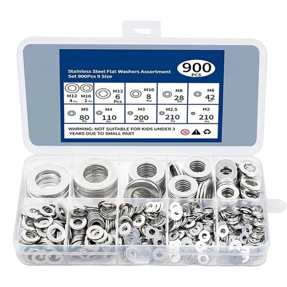 100/900pcs 304 Stainless Steel Gasket Set O Ring Fasteners Round Flat Gasket Box Kits M2 M3 M5 M6 M8 M10 Flat Washers Grommets