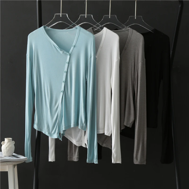 Asymmetrical Modal T-Shirts for Women, Long-Sleeved Tops, Monochromatic, Slim, Elegant, Female Outwear, Summer, Vintage, 2024