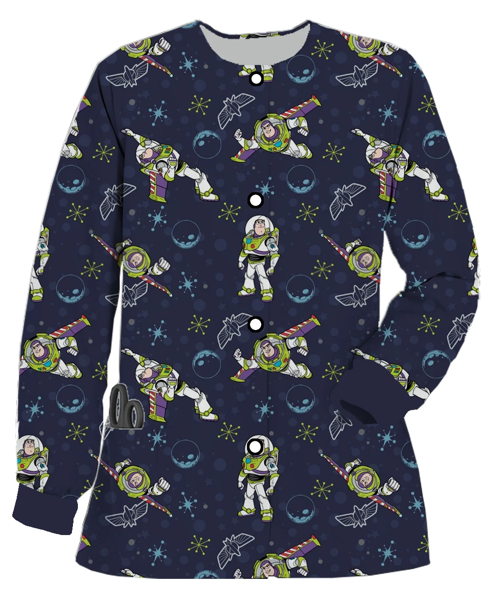 가을, 겨울 새 카디건 자켓 디즈니 버즈 라이트 이어 인쇄 여성 긴 소매 간호사 유니폼 의료 수술복