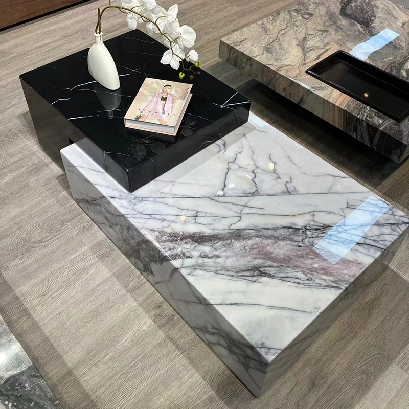 

Natural marble living room household Italian light luxury retractable household rock slab rectangular coffee table