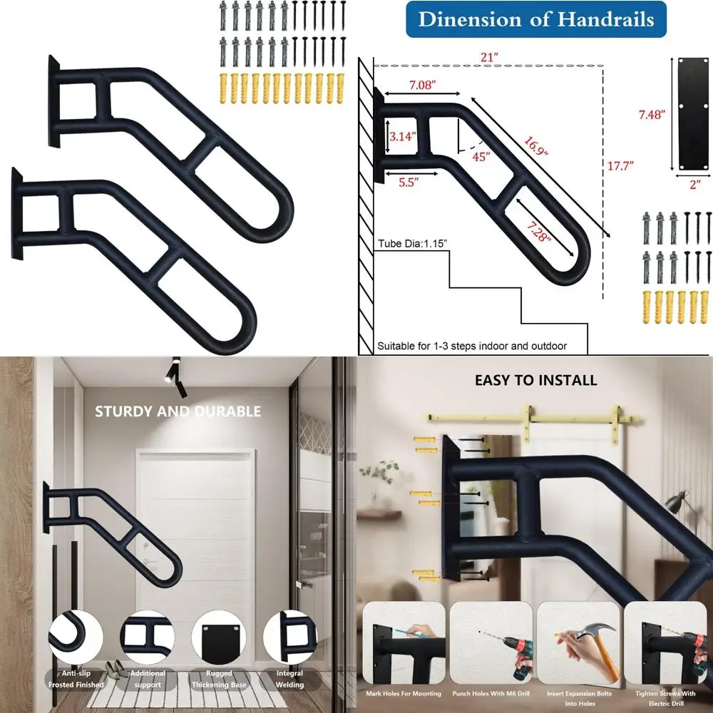 درابزين الدرج الخارجي - عبوتان، لمسة نهائية سوداء غير لامعة، قضبان أمان مثبتة على الحائط لـ 1-3 خطوات