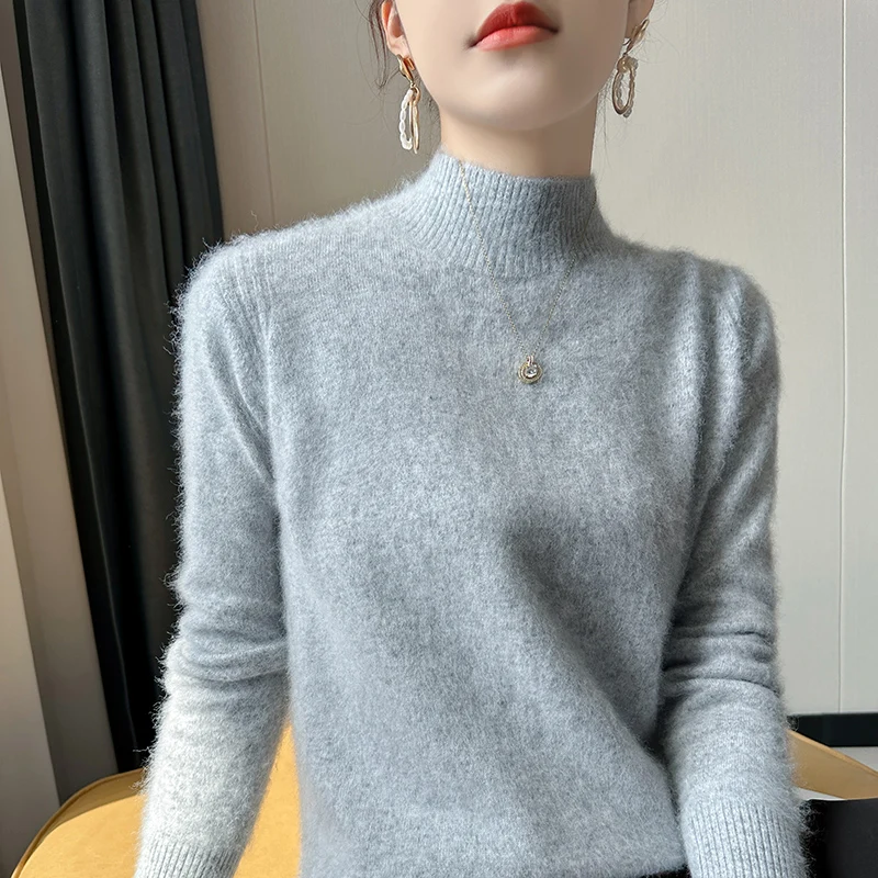 

Women's Sweater Autumn/Winter New 100% Cashmere Pullover Casual Solid Color Knitted Half High Neck Blouse Thickened Loose Tops