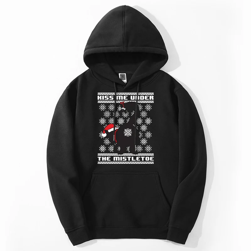 Christmas Hoodies Kiss Me Cute Santa Cat Printed Thick Fitness Moletom High Street Men Top Hip Hop Casual Sweatshirt Clothes