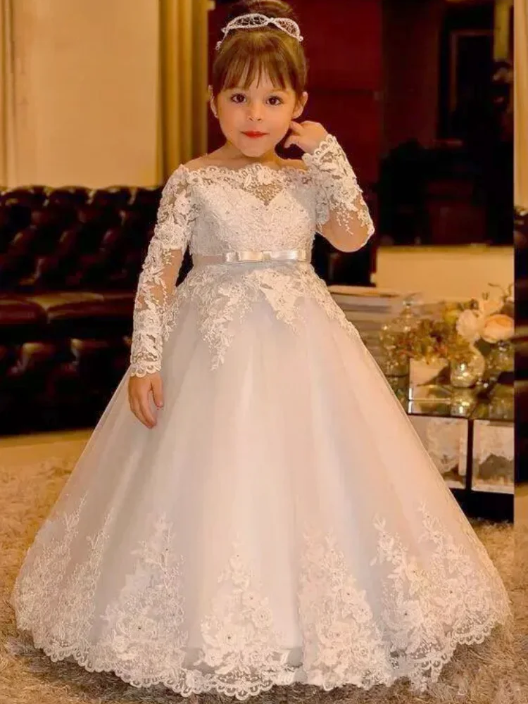 Vestidos de flores blancas para niña, apliques de encaje de tul con cinturón de lazo, manga larga para boda, fiesta de cumpleaños, banquete, vestidos de princesa