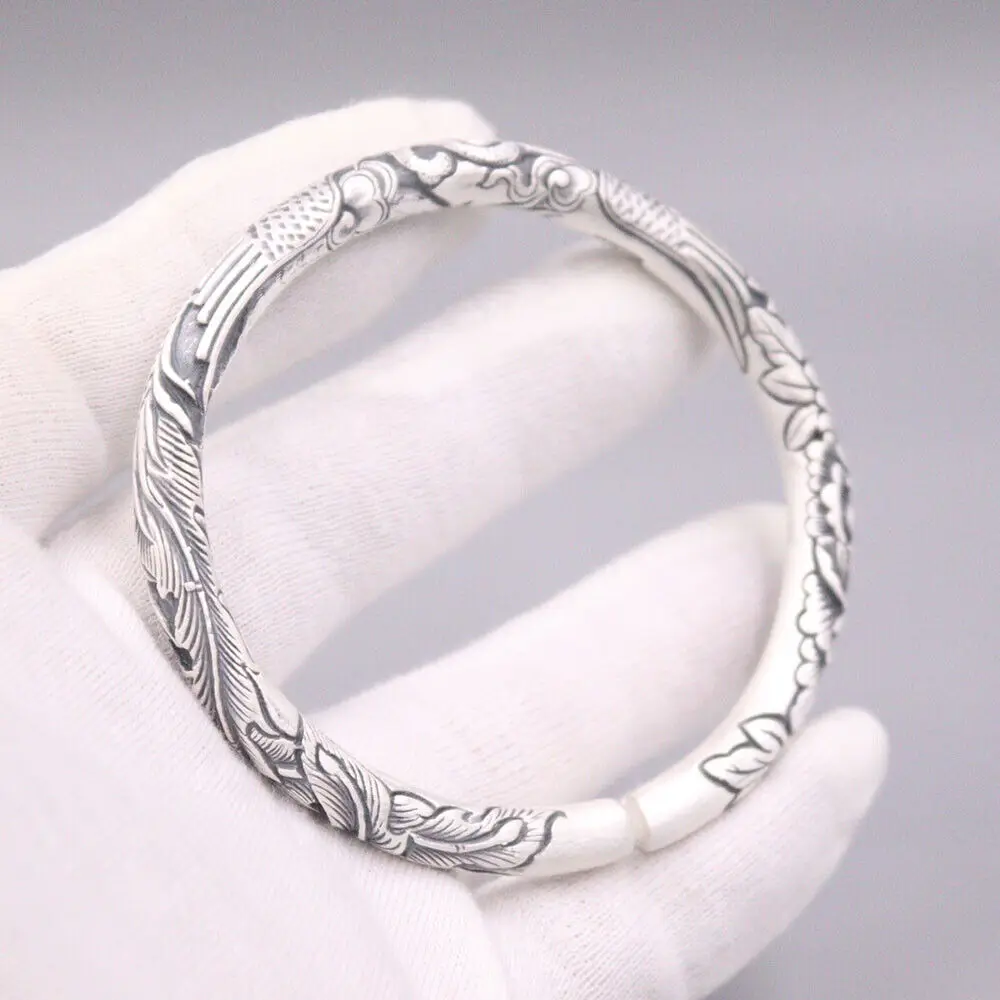 

Real 999 Fine Silver Bangle Round Phoenix Band Cuff 2.28"-2.52" Diameter