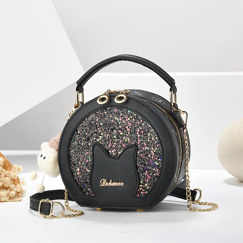 Cute Cat Women Chain Shoulder Bags Crossbody Bag Clutch Handbag with Chain Strap Fashion Glitter Check Quilted Stitch Padded Bag