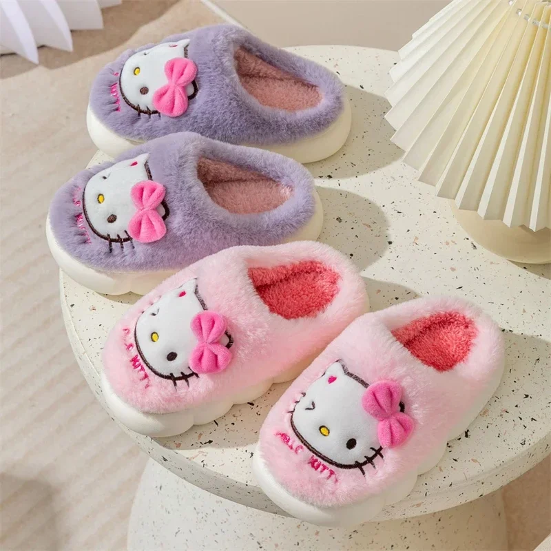 Kawaii Sanrio Hello Kitty Slippers Cute Cartoon Girls and Children Autumn and Winter Y2K Home Non Slip Grip Fluffy Plush Shoes