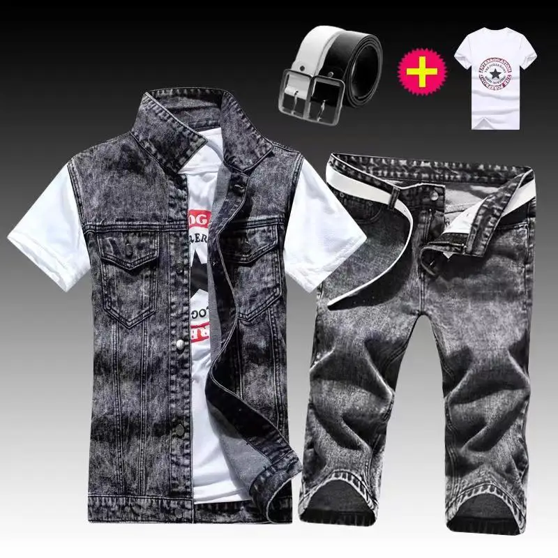 Summer Men Jean Set Sleeveless Jacket Denim shorts New Tide Cowboy Jeans Suit Jacket Handsome Men's Clothing