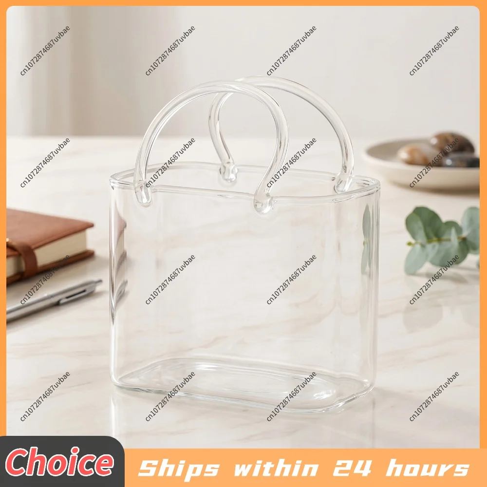 Handbag Shape Glass Cup Wine Cup with Glass Straw Fish Tank Vase Handbag Shape Decorative Flower Vases for Juice Tea Cocktails