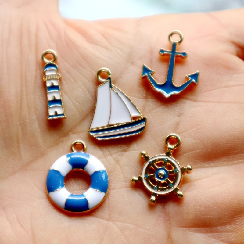 10PCS Mini Sailboat Anchor Rudder Lighthouse Alloy Enamel Pendant DIY Dangle Necklace Earrings Bracelet Decoration Accessories