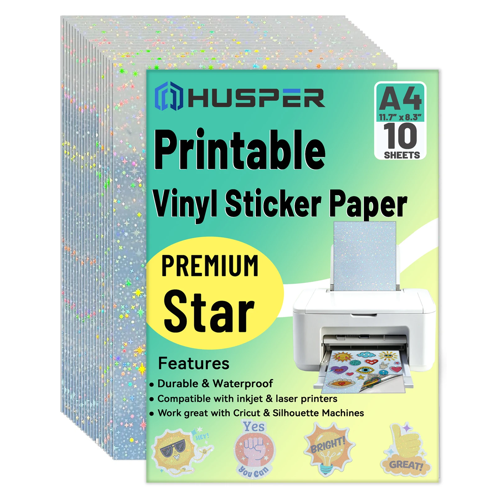 

10 Sheets A4 Size Printable Star Vinyl Sticker Paper for Inkjet Printer, Dries Quickly Vivid Colors, 8.3"x11.7" Tear Resistant