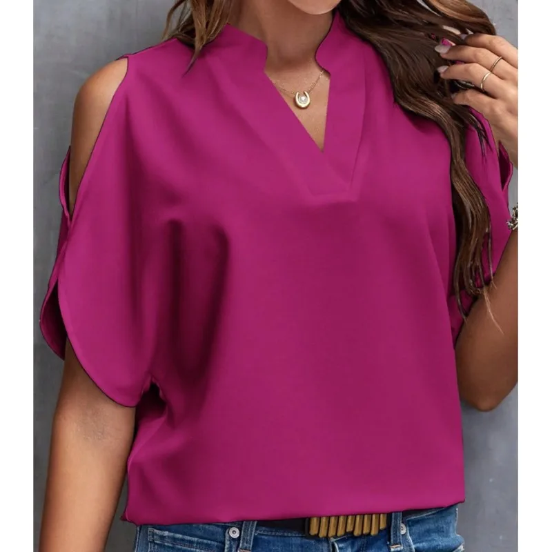 Summer New V-neck Black Shirt Fashion Off Shoulder Sleeves Women\'s Top Elegant Office Lady Solid Color Chiffon Bloluse Femme Y2k