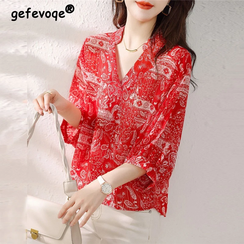 

Women Trendy Retro Print V Neck 3/4 Sleeve Elegant Blouses Korean Style Sweet Chic Shirts Casual Slim Tops Blusa Mujer Moda 2023