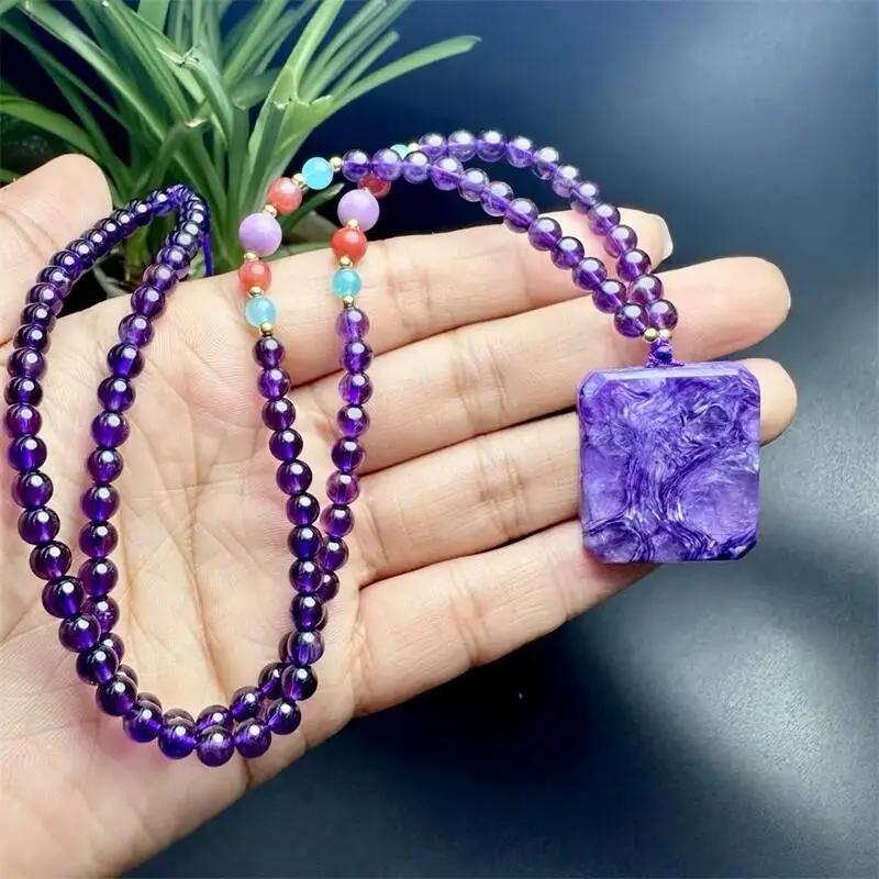 

27-30MM Natural Amethyst Bead Chain Charoite Cube Pendant Healing Fengshui Stone Gemstone Reiki Jewelry Holiday Gift 1PCS