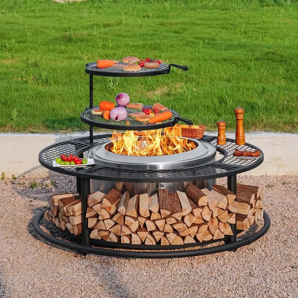 Outdoor 50 Inch Fire Pit Table with Grill Grates, Wood Storage, and Safety Barrier
