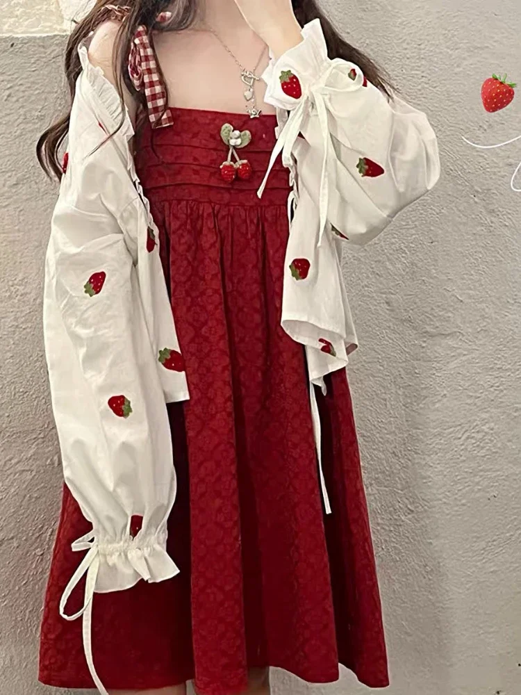 Women Summer Kawaii Strawberry Embroidery Cardigan Kimono Blouse  Sunscreen Shirt Bandage Ruffle Blusas Loose Tops 2025