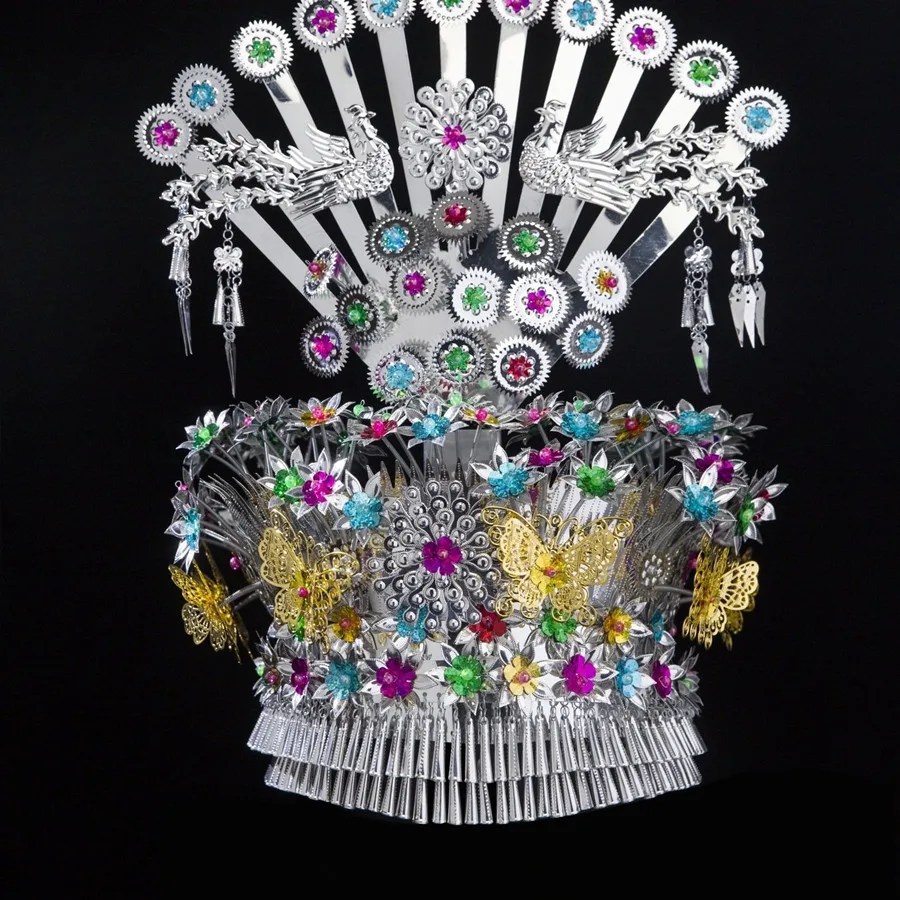 Chinese Miao Silver Hat Vintage Photography Headdress Tassel Headwear Festival National Minority Dance