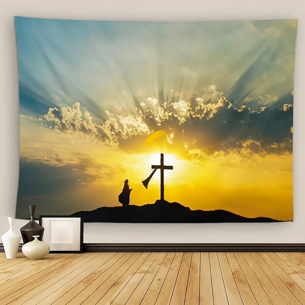 Christ Resurrection Tapestry Wall Hanging Holy Cross Jesus Wall Art Tapestries for Home Living Room Bedroom Decor Picnic Mat