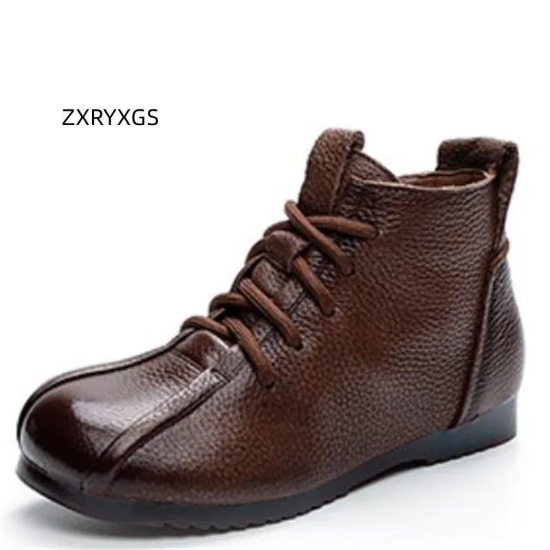 

ZXRYXGS Premium 100% Genuine Leather Autumn Single Boots Soft Non-slip Flat Shoes Woman Boots 2023 Plus Velvet Warm Winter Boots