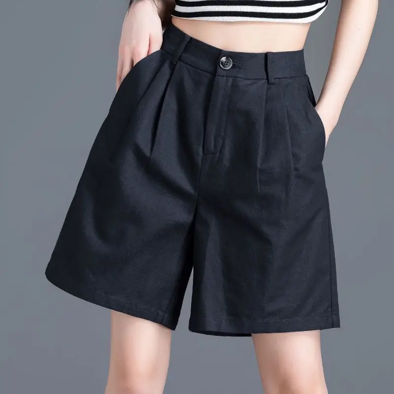 

Широкие шорты из жесткого льняного хлопка с высокой талией в корейском стиле для весны и лета, удобные повседневные модные женские брюки