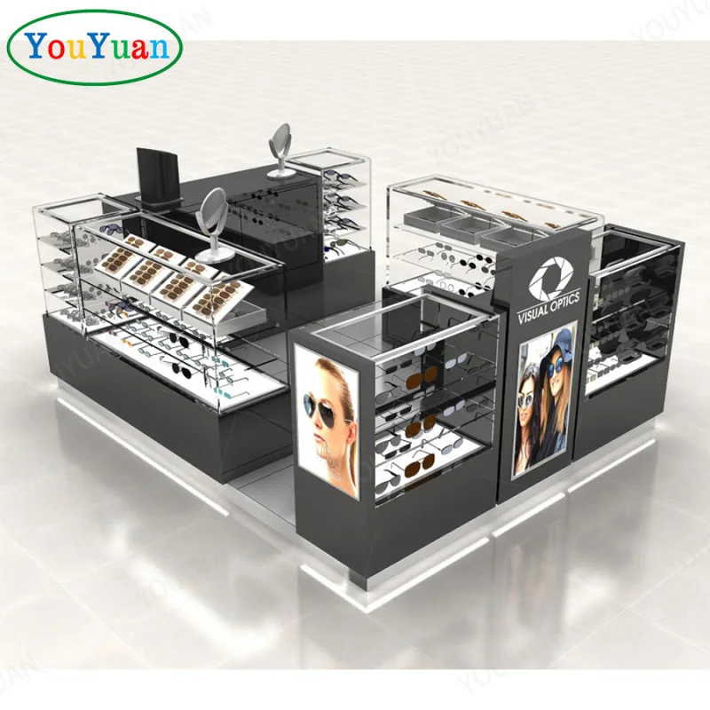 (customized)Custom luxury tall cases lock design showcases eyewear kiosk selling eyeglasses in shopping mall