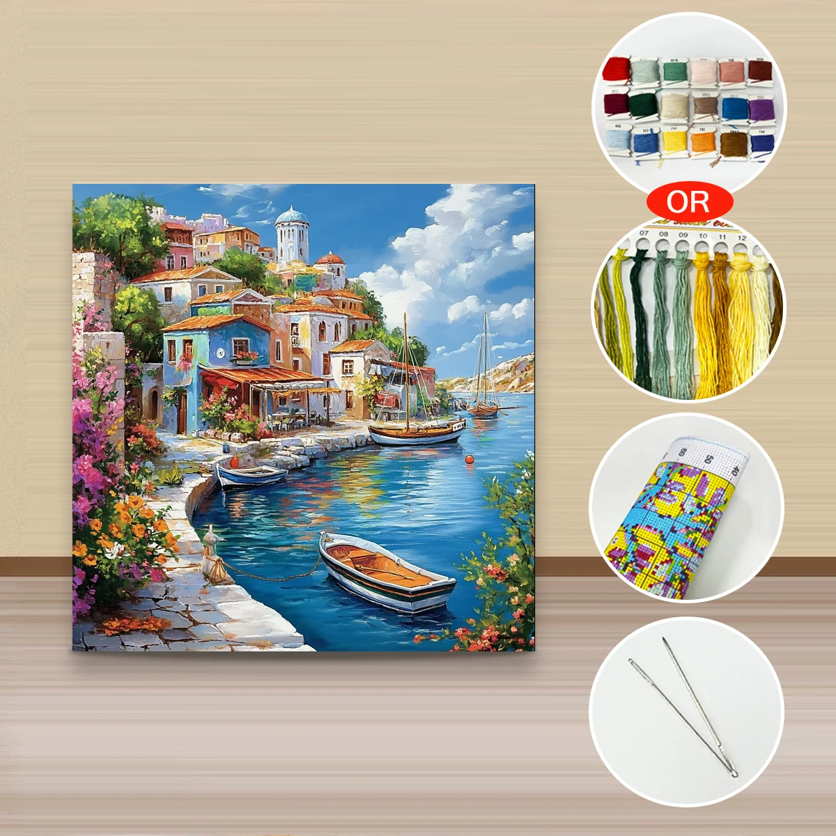 1 Stück 40x40 cm/15,74 Zoll, 11Ct/14Ct Kreuzstich-Set, DIY Valentinstagsgeschenk, Stickerei-Set für Festivals, Mittelmeer-Hafennstadt – Detail 3