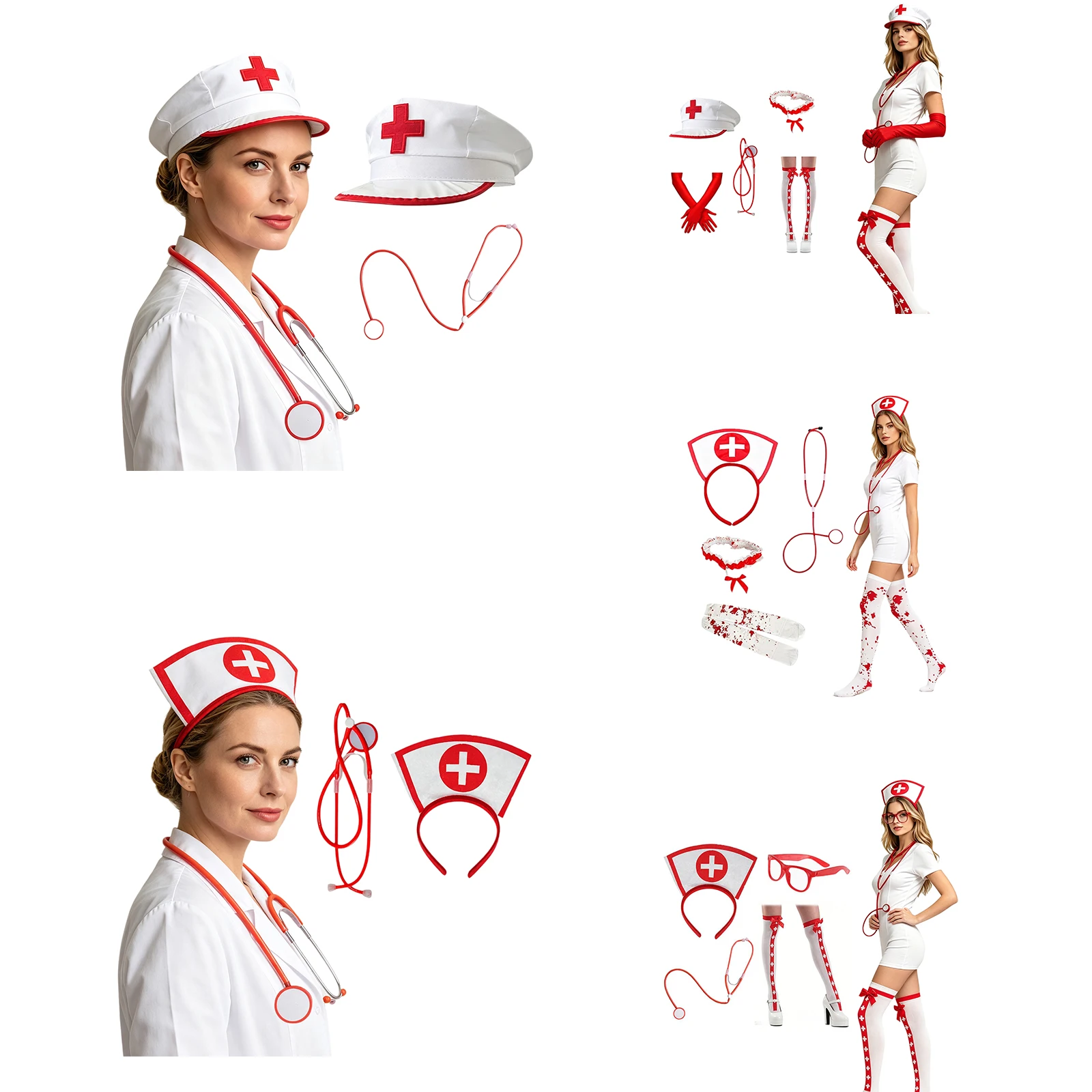 Nurse Costume Accessories Set Headband Hat Stocking Gloves Glasses Lace Garters with Faux Stethoscope for Halloween Cosplay