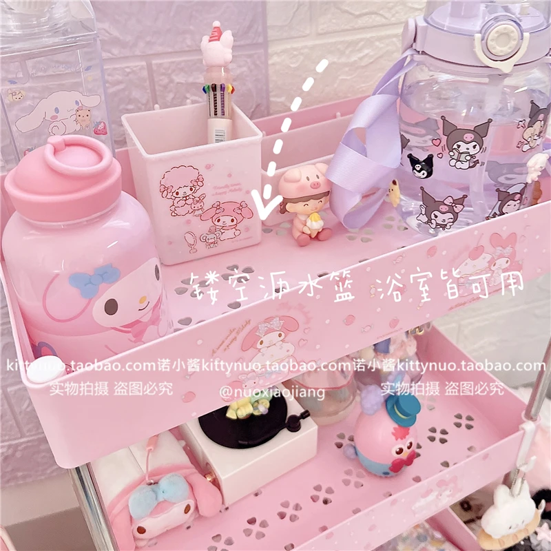 Kawaii Kt My Melody Cinnamoroll Cartoon Three-Tier Wheeled Rack Anime Sanrioed Girl Heart Floor Trolley Storage Rack Mobile