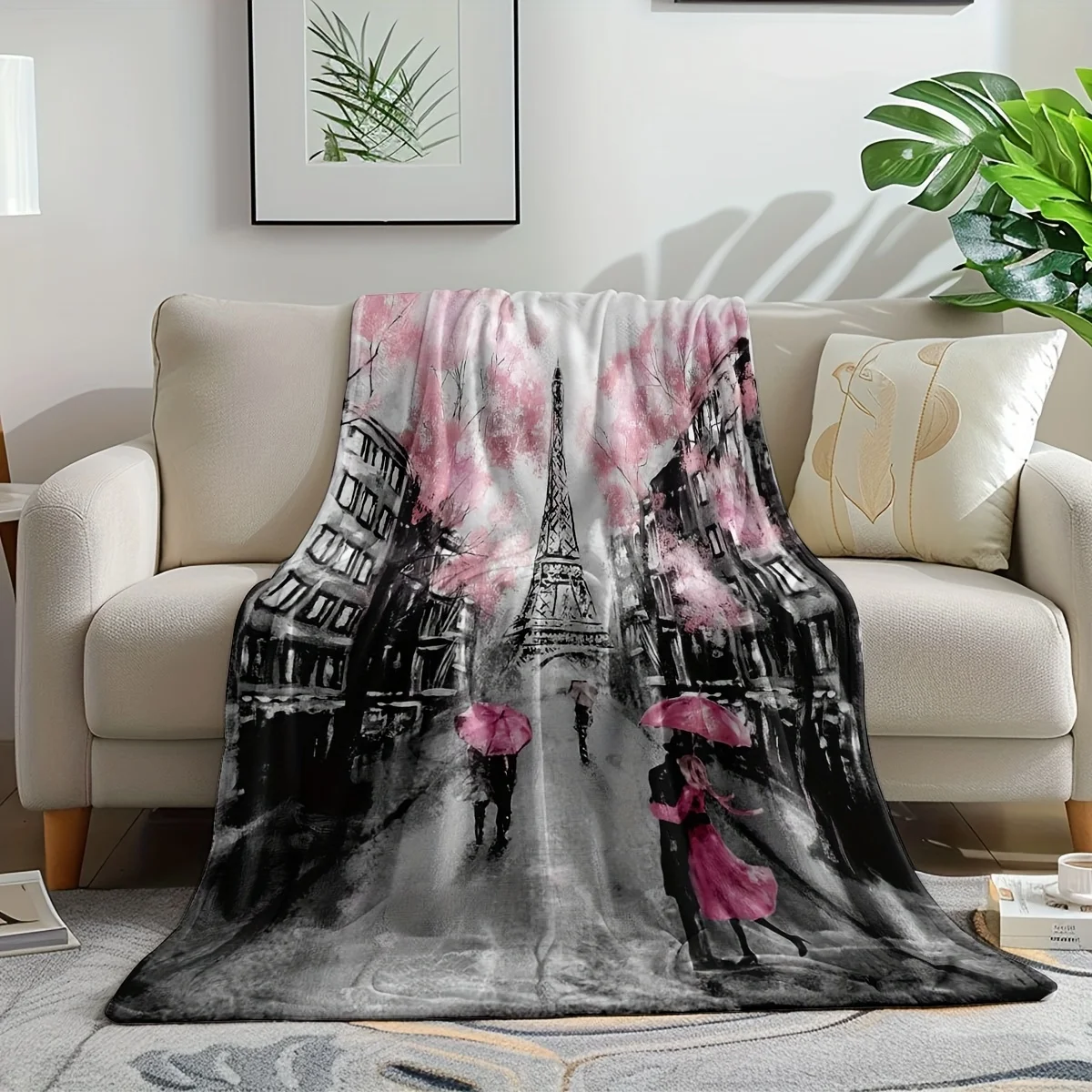 A Parisian-Themed Flannel Blanket Featuring The Eiffel Tower And Romantic Street Scenes, Embodying an Artistic And Healing Style