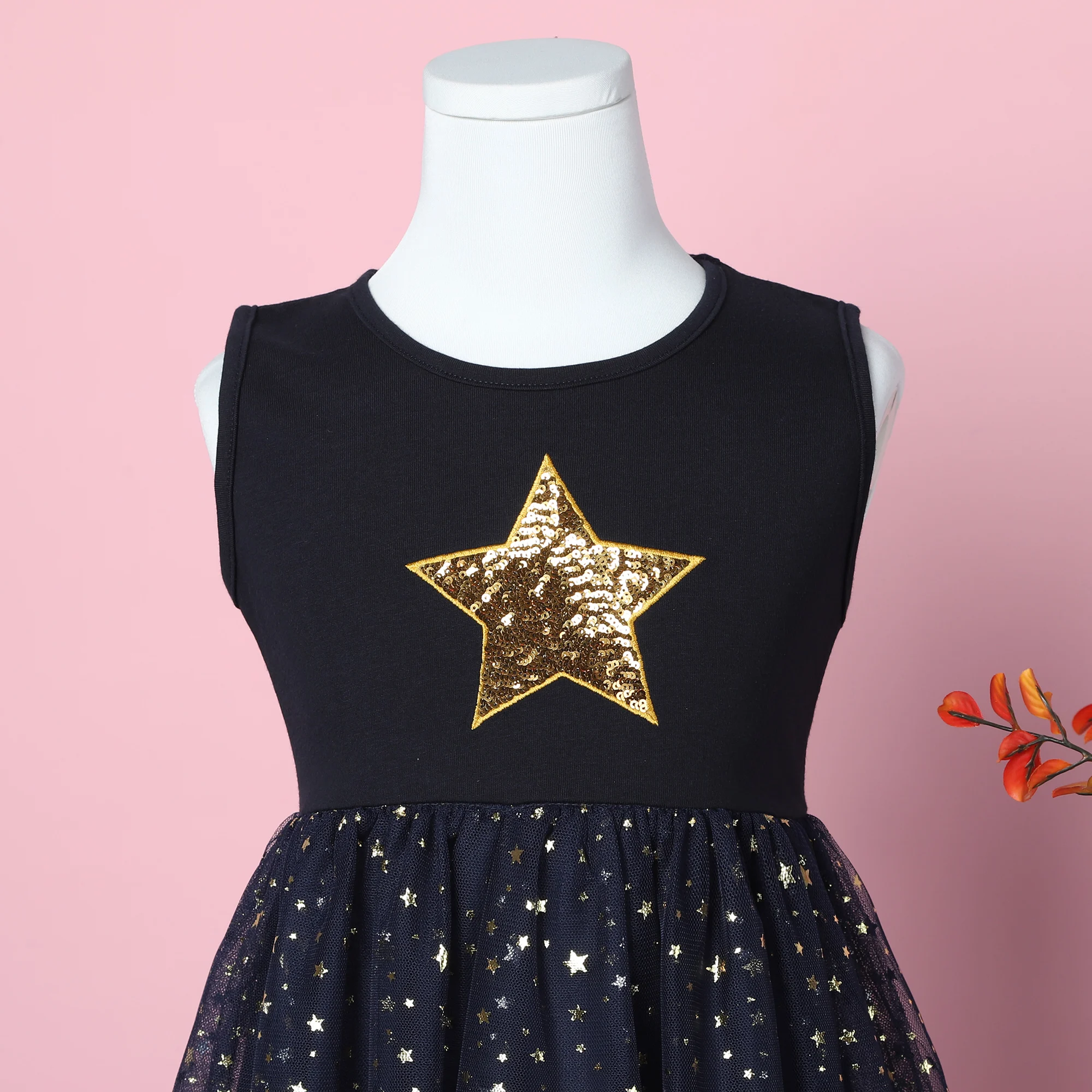 Girl\'s Star Sequin Sleeveless Summer Children\'s Black Sparkling Fashion Elegant Birthday Party Dress SH1693