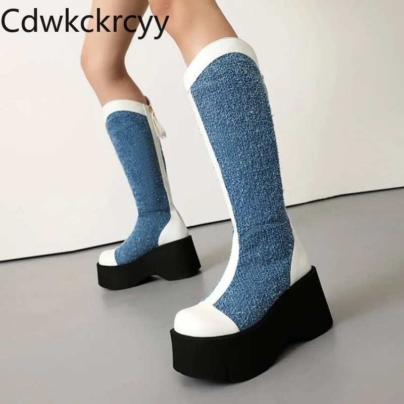 女性用カウボーイハイヒールブーツさまざまな色ラウンドヘッドハイチューブスクエアヒール新しいファッションスタイル秋冬