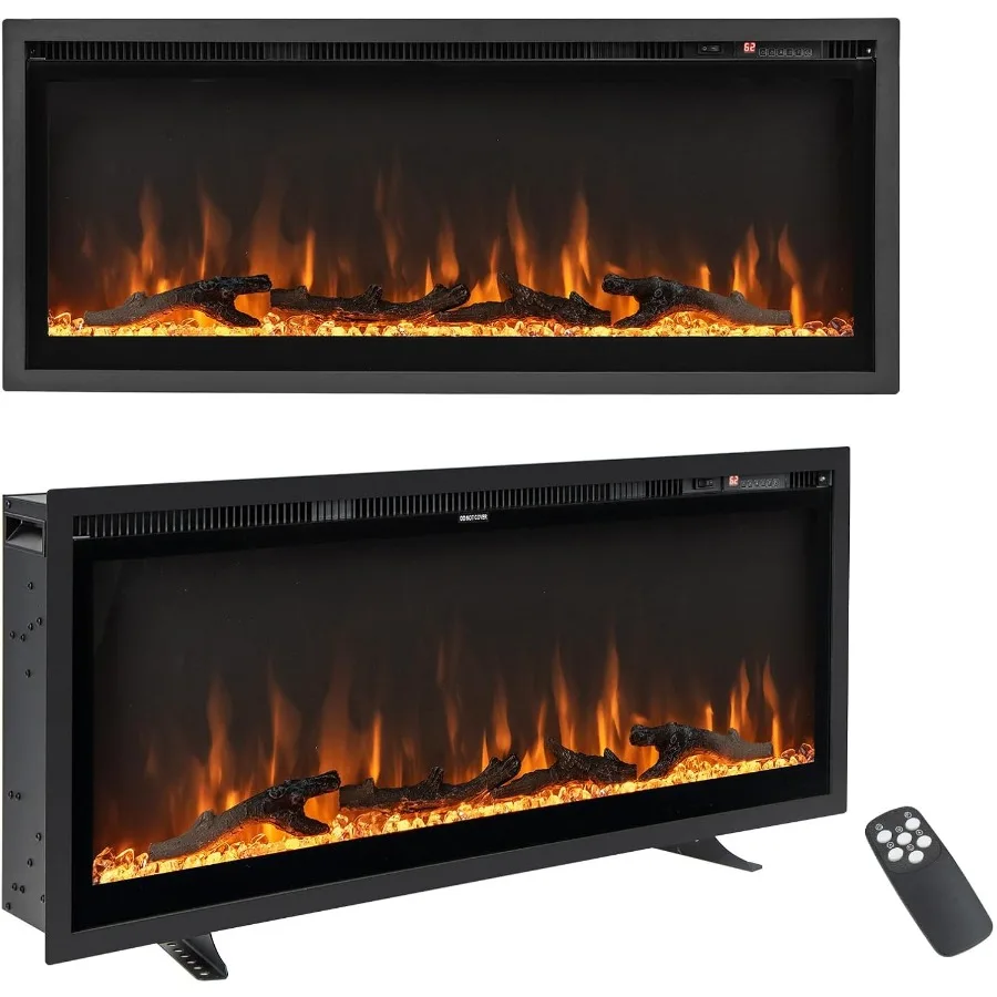 

42 Electric Fireplace Recessed Wall-Mounted - Freestanding Fireplace Heater w/Adjustable Log Flame 8H Timer Remote Control 750W