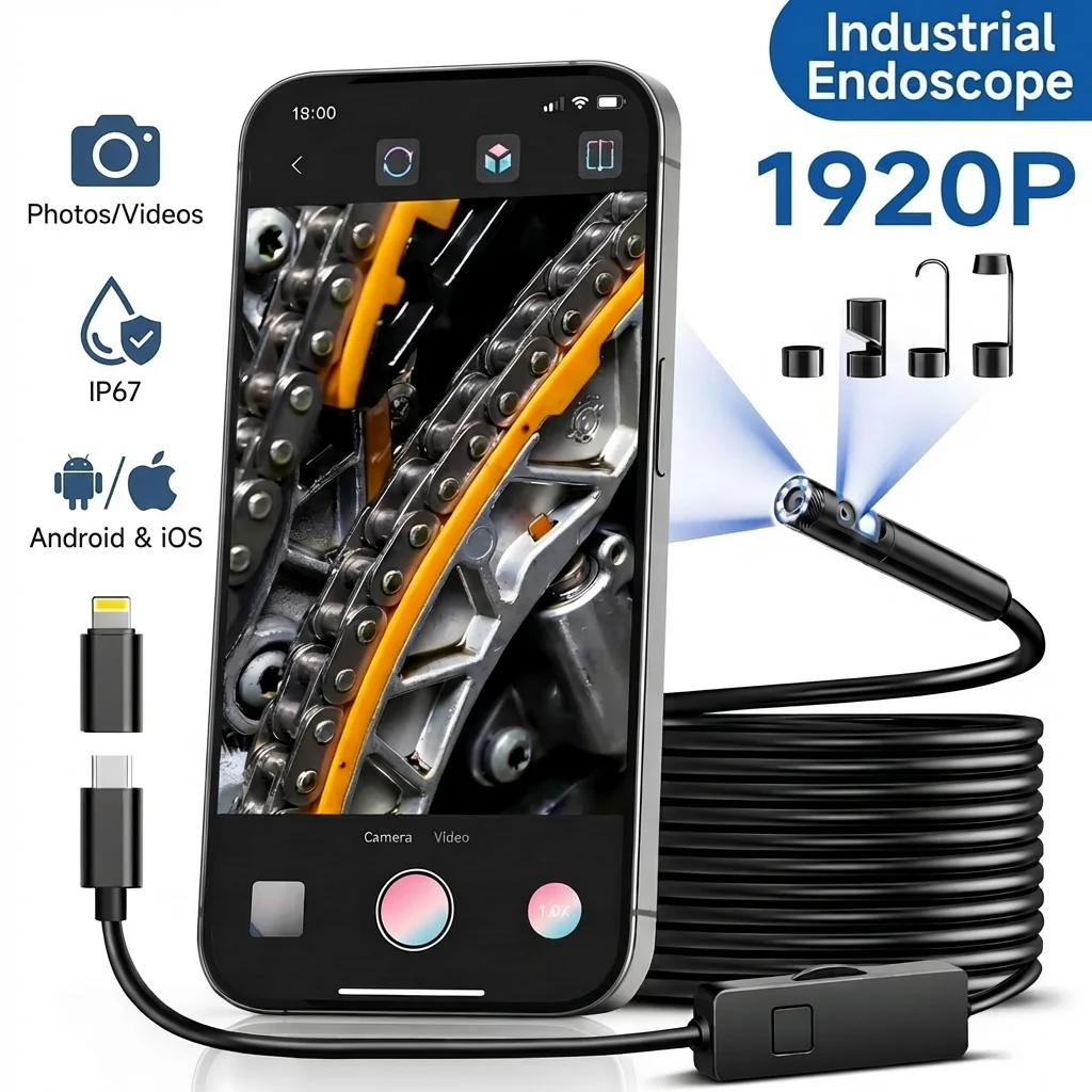 [8mm Single-Lens] Endoscope Camera with Adjustable Light,1920P , Semi-Rigid Cable Snake Borescope for iPhone, iPad, Samsung