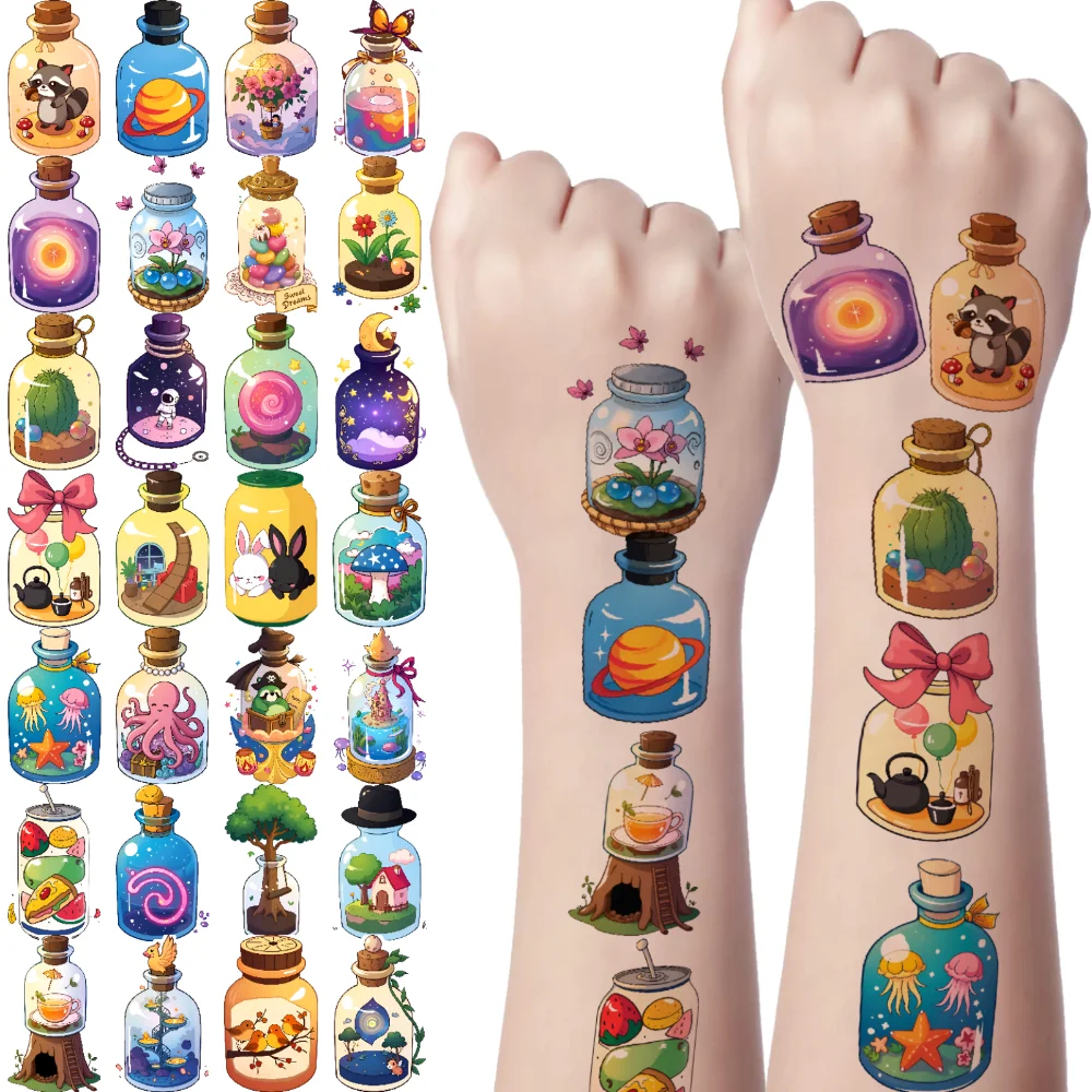 

63 Pcs Temporary Tattoo Stickers Waterproof Long Lasting Body Stickers Cartoon Bottles Tattoo Stickers for Arm Shoulder Cheek