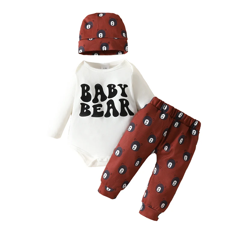 

Newborn Baby Boy Clothes Sets 2024 Spring 3PCS Sets Letter Long Sleeve Bodysuits Pants with Hat Fall 0-18 Months Infant Outfits