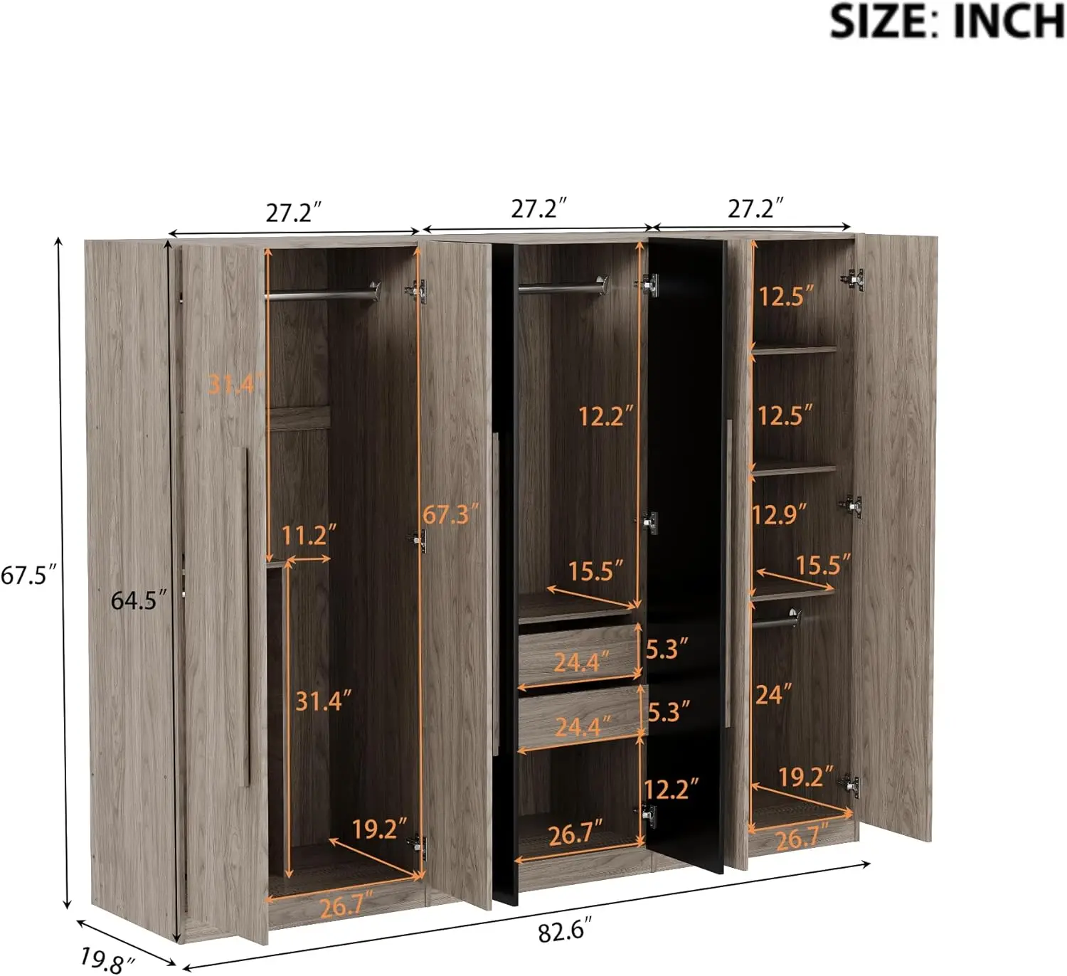 Merax Large Wardrobe Closet Wooden Wardrobe Closet Organizer 6 Doors Wardrobe Storage With 2 Built-In Drawers For Bedroom,