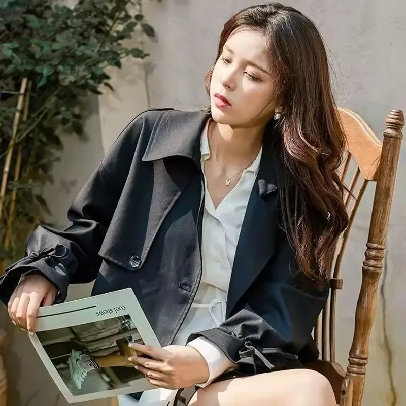 Korean Short Trench Coat Women All-match Basic Jacket Office Lady Spring Solid Pockets Double Breasted Windbreaker Streetwear