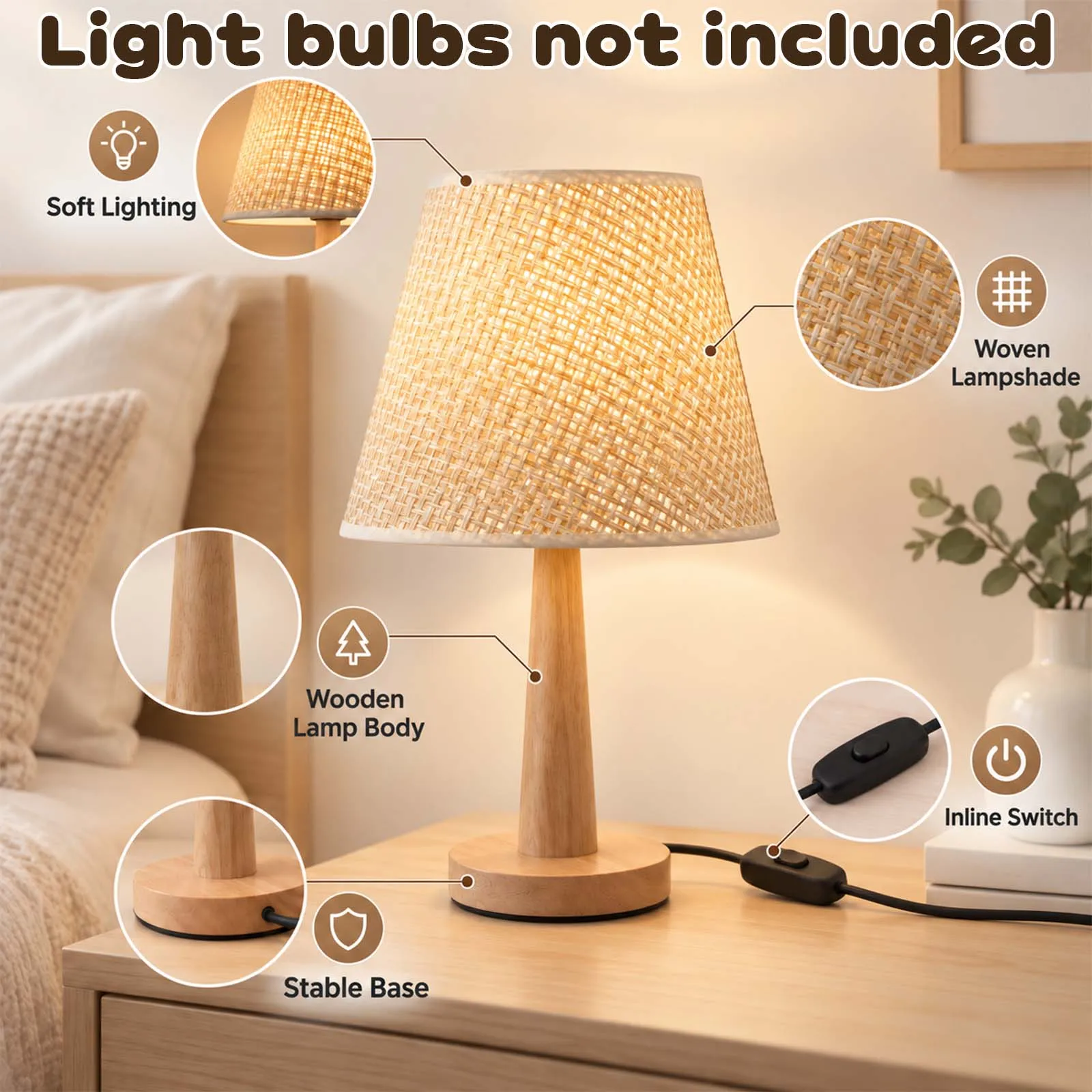 Table Lamp Bedside, Light Brown Woven Rattan Shade, Wood Tapered Stem, E27, Nordic Nightstand