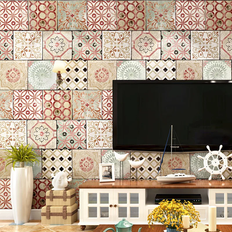 Bohemian Style Wallpaper Southeast Asia Thailand Style National Style Waterproof Imitation Tile Mediterranean TV Background