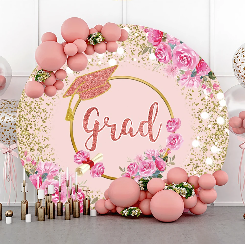 

Laeacco Round Circle Background Gold Diamond Congratulation Backdrop Graduation Congrats Grad Hat Party Table Cover Decoration