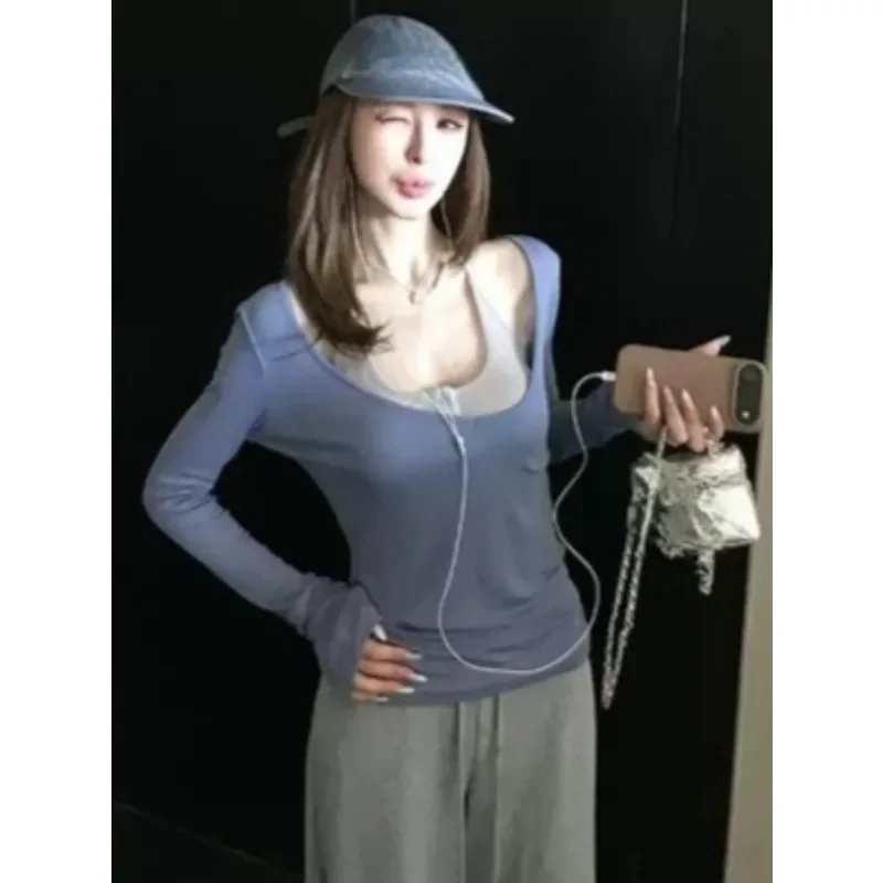 Retro Harajuku V-neck Fake Two-piece Long Sleeved Sweaters Korean Casual Loose Top Fashion Color Blocking Commuting Pullovers
