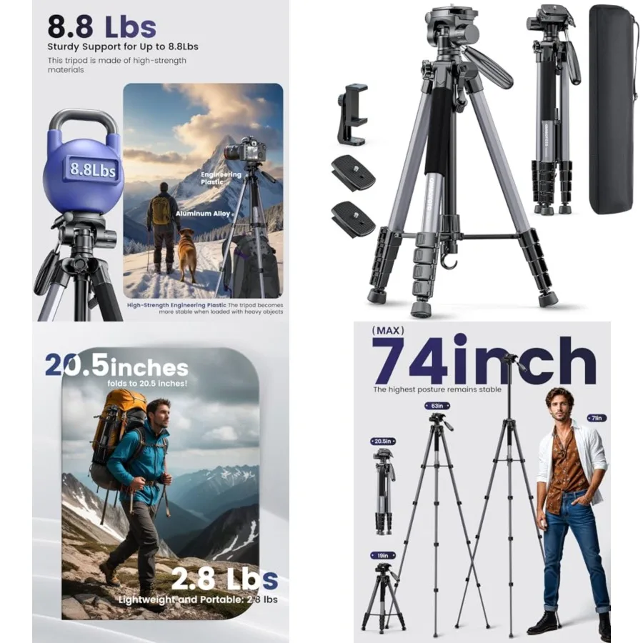 

74″ Aluminum Camera Tripod – Heavy‐Duty Professional Tripod Stand for DSLR & Mirrorless Cameras, Smartphones & GoPro – Lightweight Travel Tripod with 360° Pan Head & Phone Mount