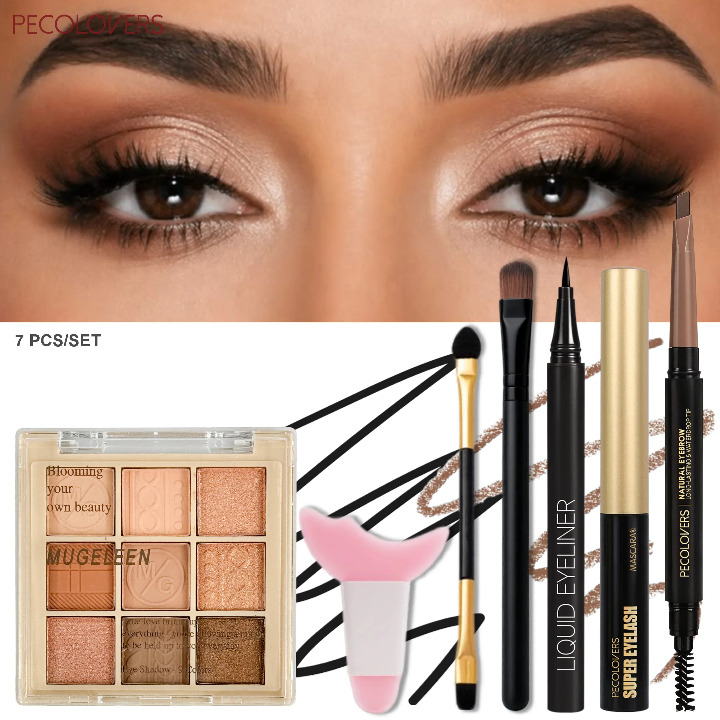 Natural Everyday Eye Makeup Kit (7 Pcs/set), 9 Colors Warm Tone Eyeshadow Palette Eye Highlighter Pen & Soft Bristle Brushes