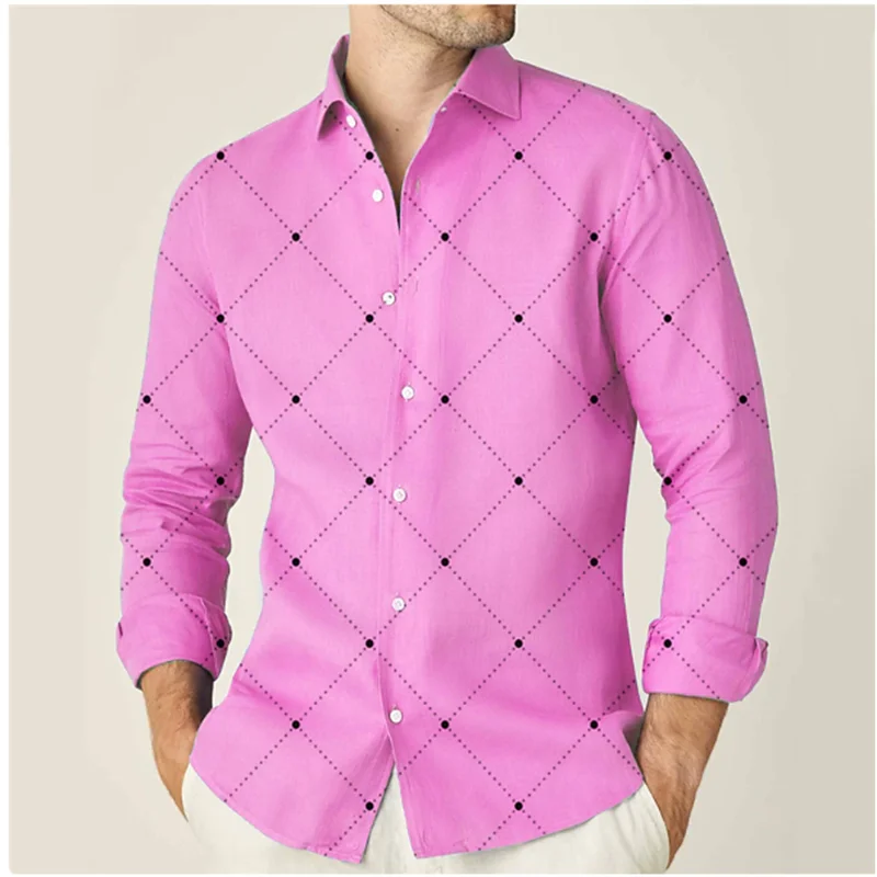 Camisas de moda para hombre, camisa de 9 colores con estampado geométrico rosa, ropa de calle de manga larga para exteriores, S-6XL informal de