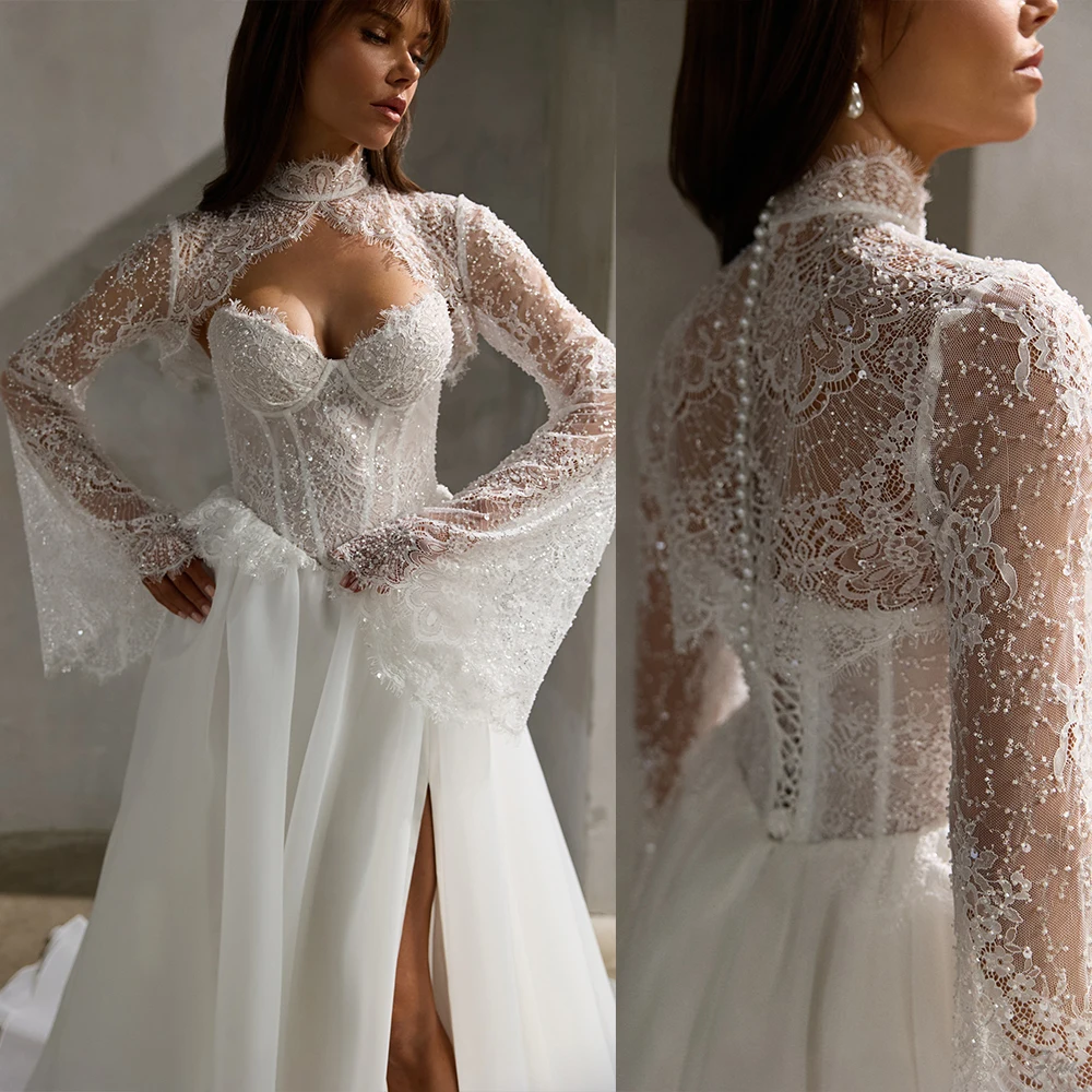 Luxury A Line Wedding Dresses with Jacket Beads Sequins Applique Lace Bridal Gowns Sweep Train Backless Customized Wedding Dress