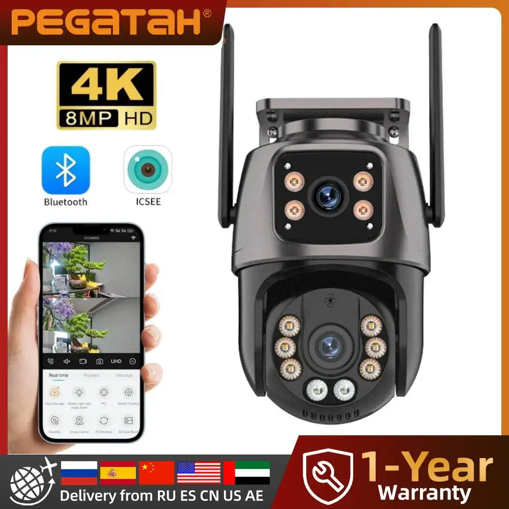 

PEGATAH 4K Уличная PTZ-камера с двумя объективами и автоматическим отслеживанием искусственного интеллекта, 8-мегапиксельная HD Wi-Fi IP-камера видеонаблюдения, двойной экран, двустороннее аудио, iCSee P2P